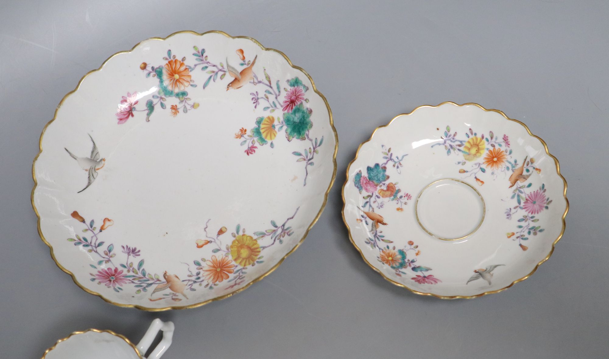 Three pieces of 18th century Chinese wares: tea cup, saucer and dish